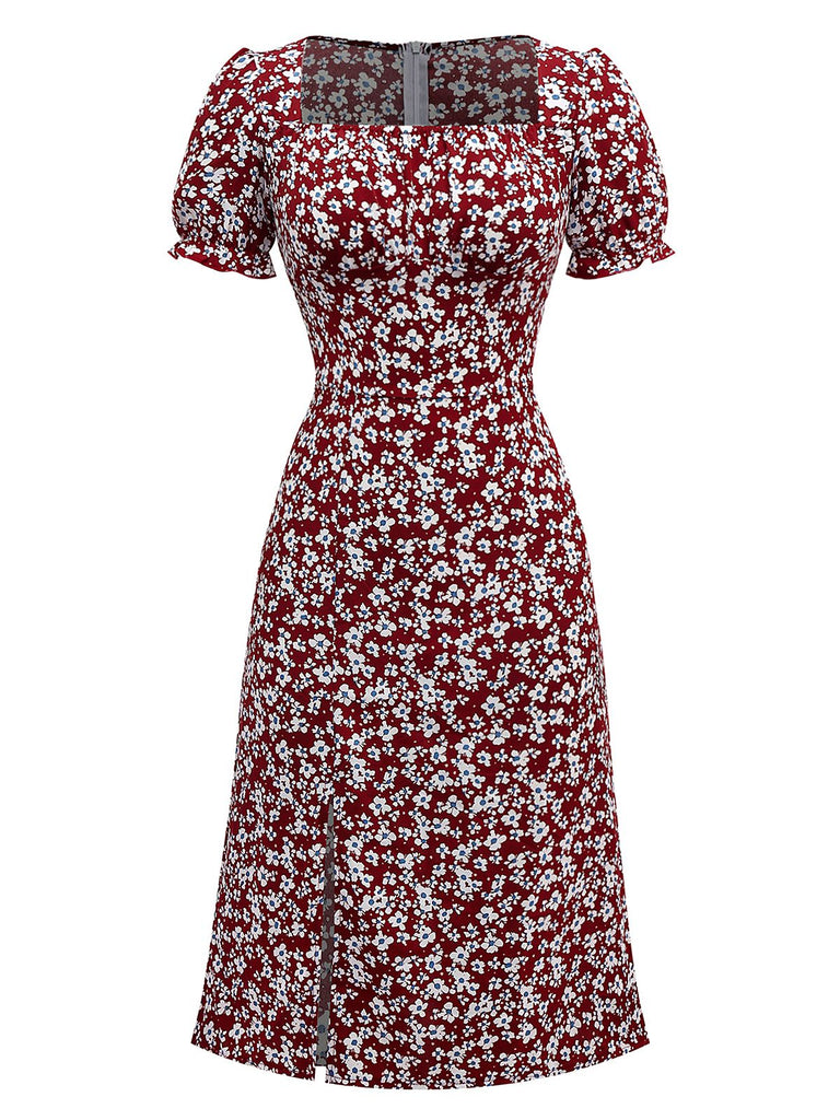 Robe rouge à fleurs col carré manches bouffantes années 1940
