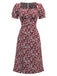 Robe rouge à fleurs col carré manches bouffantes années 1940