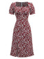 Robe rouge à fleurs col carré manches bouffantes années 1940