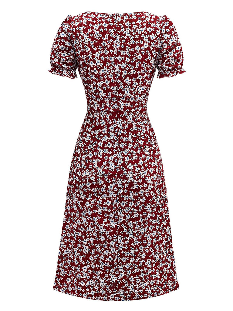 Robe rouge à fleurs col carré manches bouffantes années 1940
