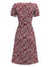 Robe rouge à fleurs col carré manches bouffantes années 1940