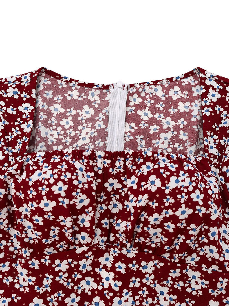 Robe rouge à fleurs col carré manches bouffantes années 1940