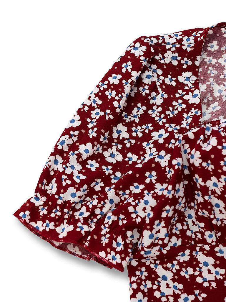 Robe rouge à fleurs col carré manches bouffantes années 1940