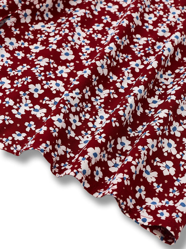 Robe rouge à fleurs col carré manches bouffantes années 1940
