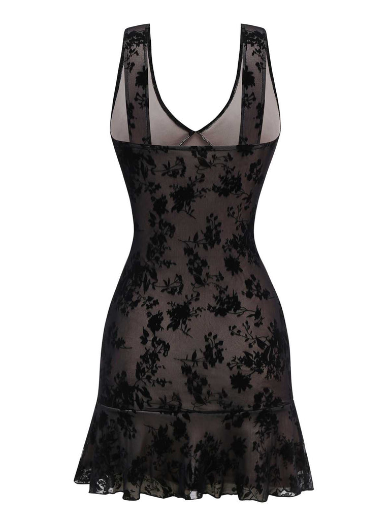Robe moulante noire fleur en dentelle à col en V années 1960