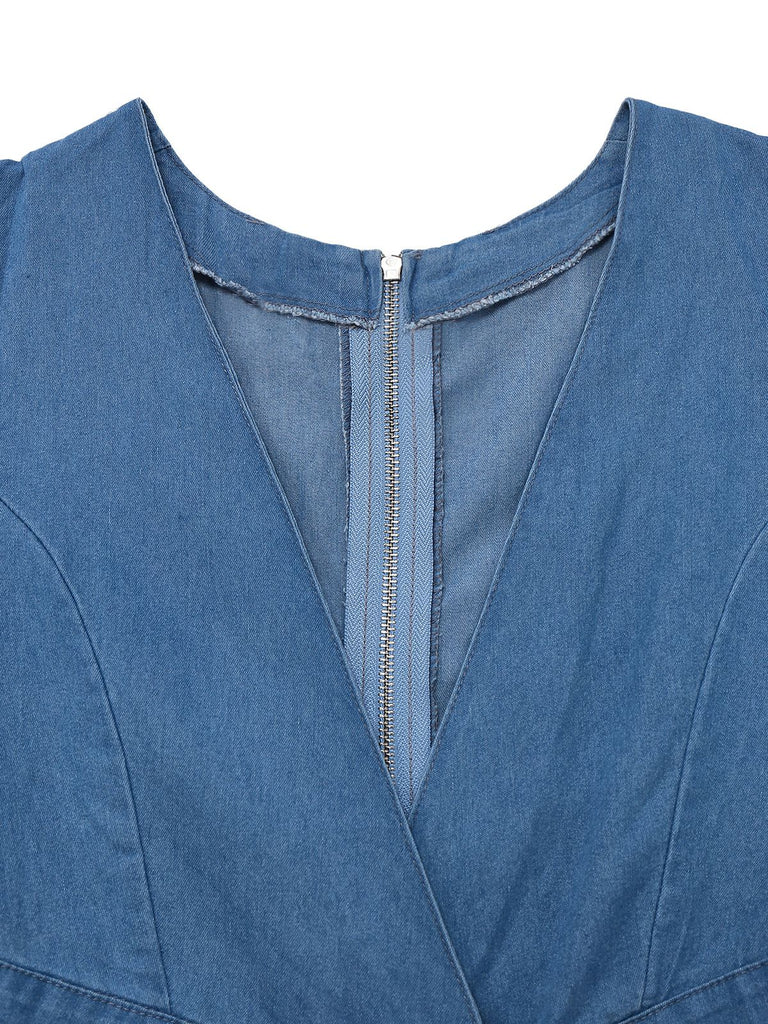 Combinaison bleue en denim à manches bouffantes années 1970