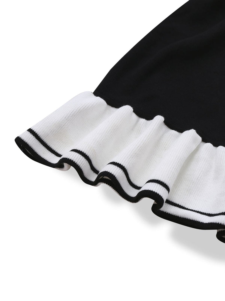 Robe noir et blanc à volants en tricot contrasté années 1970
