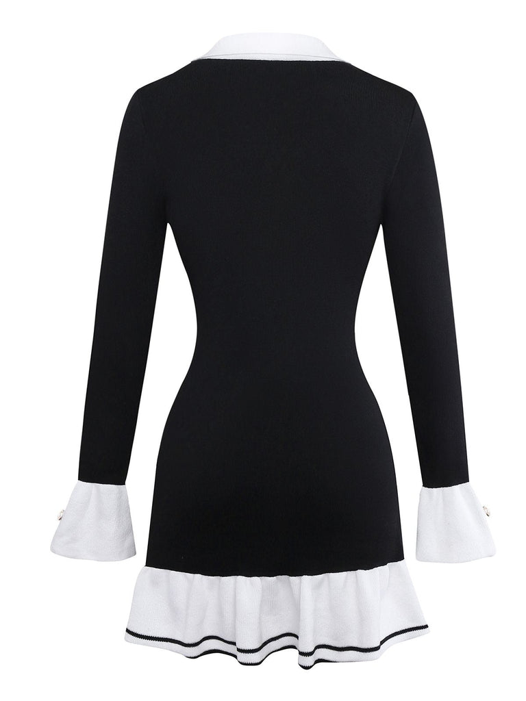 Robe noir et blanc à volants en tricot contrasté années 1970