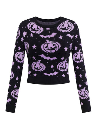 Pull en tricot noir à motif citrouille et chauve-souris d'Halloween des années 1970