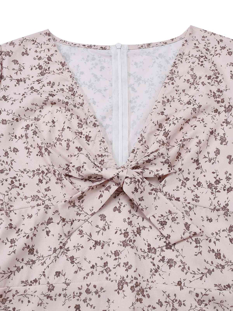 Robe multicolore à fleurs col en V et ourlet à volants irréguliers des années 1940