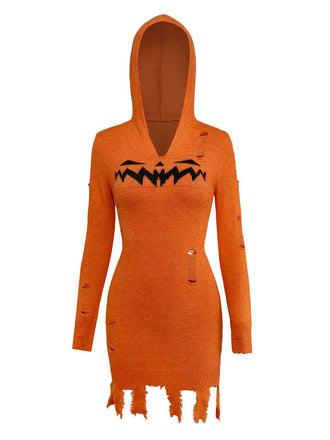Robe à capuche orange en tricot effet citrouille vieillie Halloween des années 1970