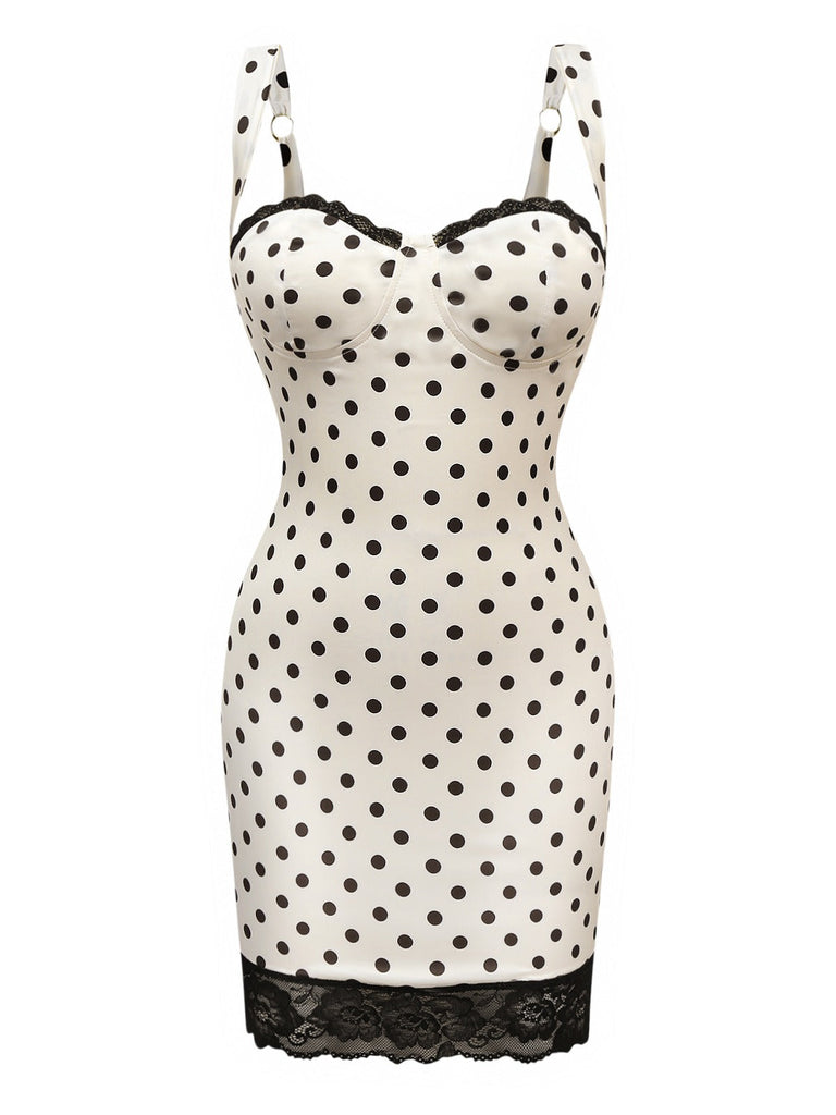 Robe moulante blanche à pois dentelle années 1960