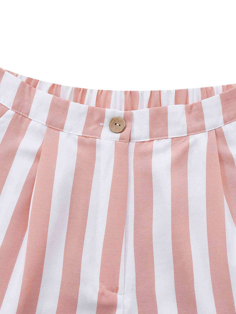 2PCS Gilet sans manches et short rayés kaki à col carré années 1960