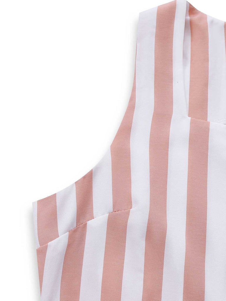 2PCS Gilet sans manches et short rayés kaki à col carré années 1960