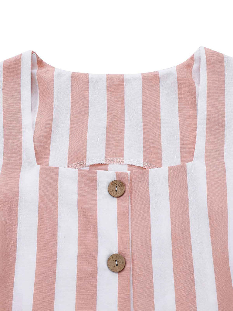 2PCS Gilet sans manches et short rayés kaki à col carré années 1960