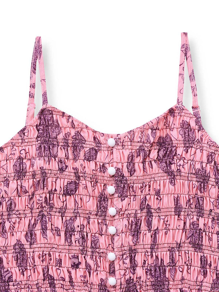 Combinaison Rose Bretelles Épaghetti Fleurs Smockée Années 1970