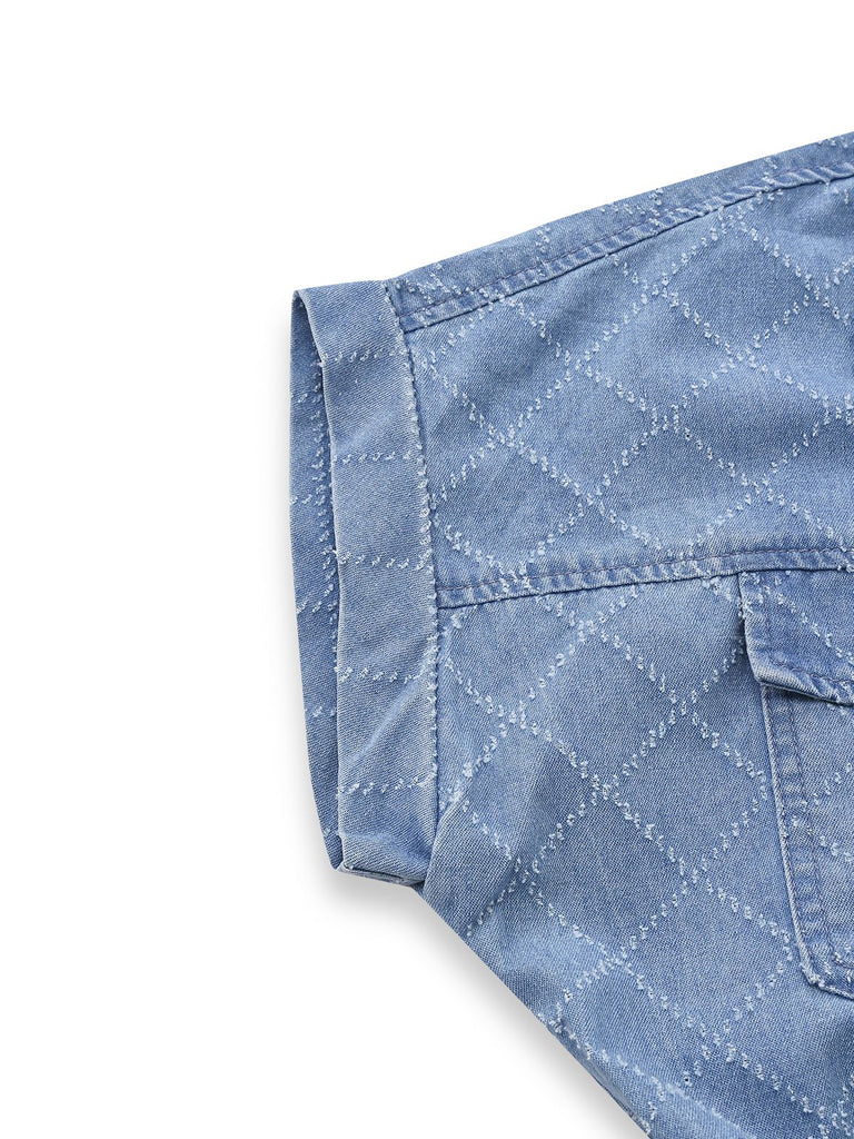 Combishort utilitaire en jean bleu avec boutons années 1980