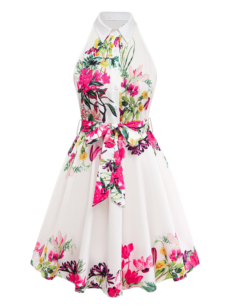 Robe-chemise fleurie à col halter et taille nouée années 1950 - 1