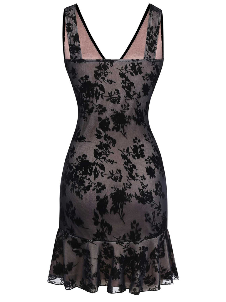 Robeà col en V en maille floquée à motif floral et ourlet à volants années 1960