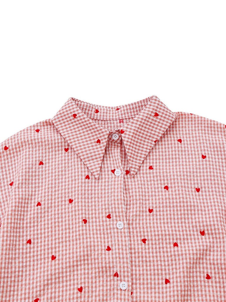 Robe Ceinturée Rose Carreaux Cœur Manches Lanterne Années 1940