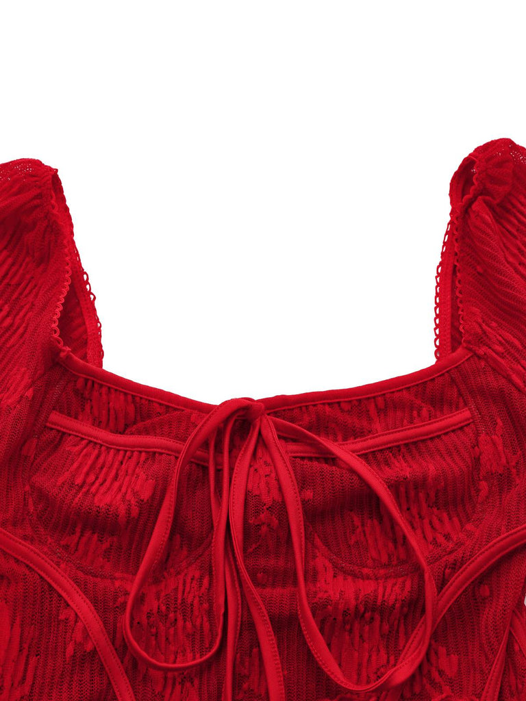 Robe en maille rouge à manches cloche et nœud floral style années 1960