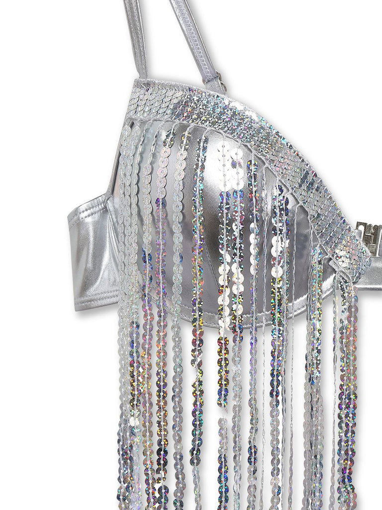 Ensemble De Bikini Argenté Holographique Paillettes Franges Année 1970