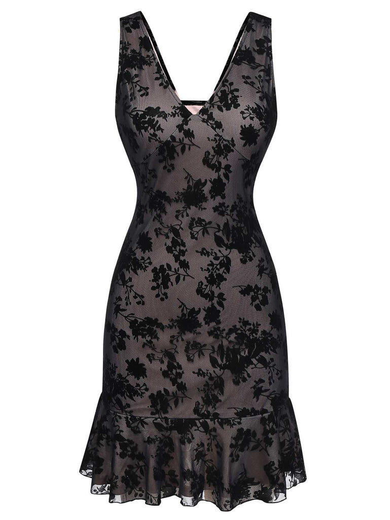 Robeà col en V en maille floquée à motif floral et ourlet à volants années 1960