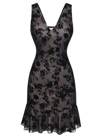 Robeà col en V en maille floquée à motif floral et ourlet à volants années 1960