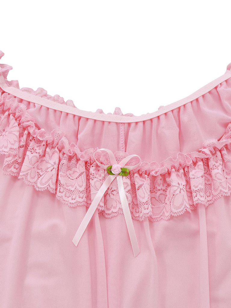 Nuisette babydoll en tulle transparent ornée de dentelle et de nœuds années 1950