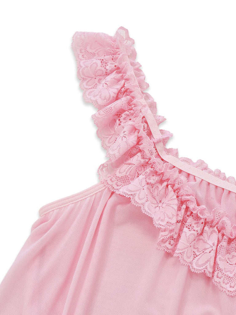 Nuisette babydoll en tulle transparent ornée de dentelle et de nœuds années 1950