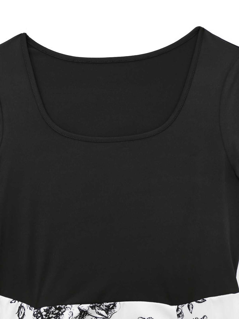 Robe noire fleurie à col carré des années 1950