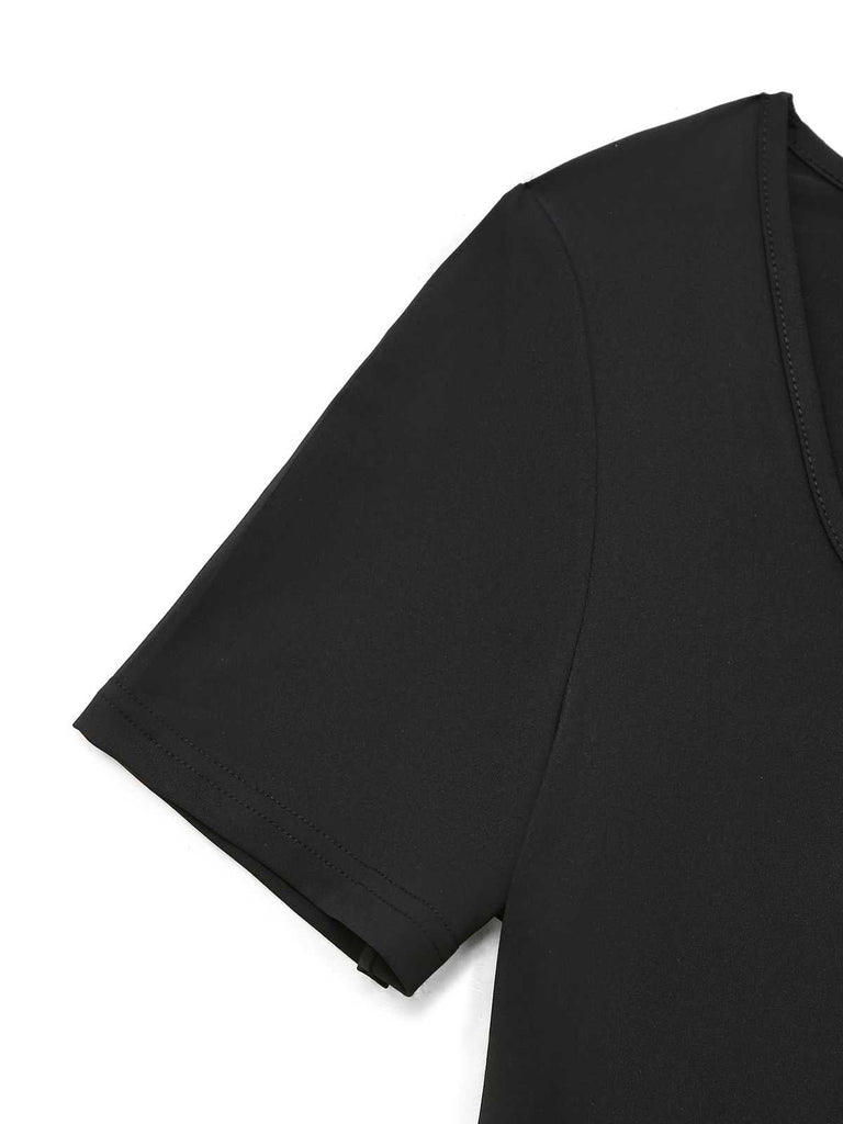 Robe noire fleurie à col carré des années 1950