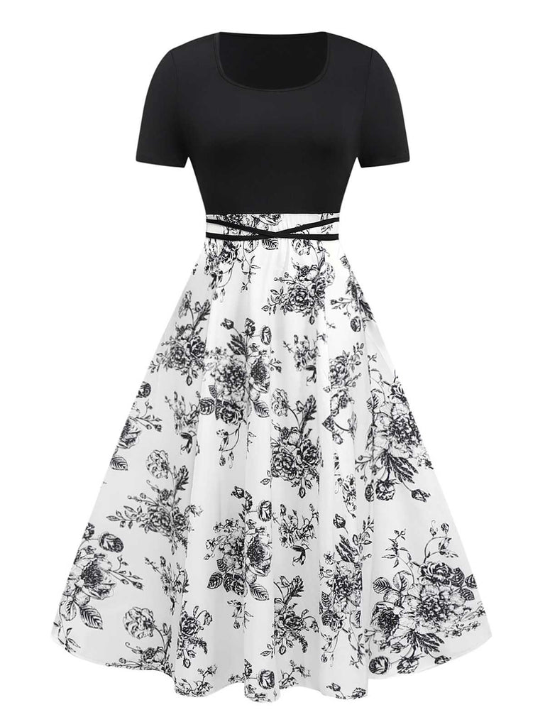 Robe noire fleurie à col carré des années 1950
