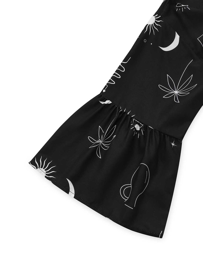 Robe chemise noire à manches évasées imprimée années 1970