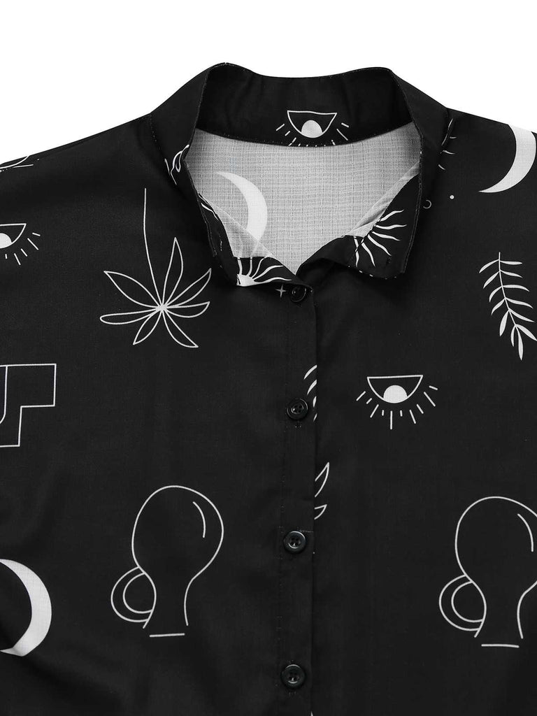 Robe chemise noire à manches évasées imprimée années 1970