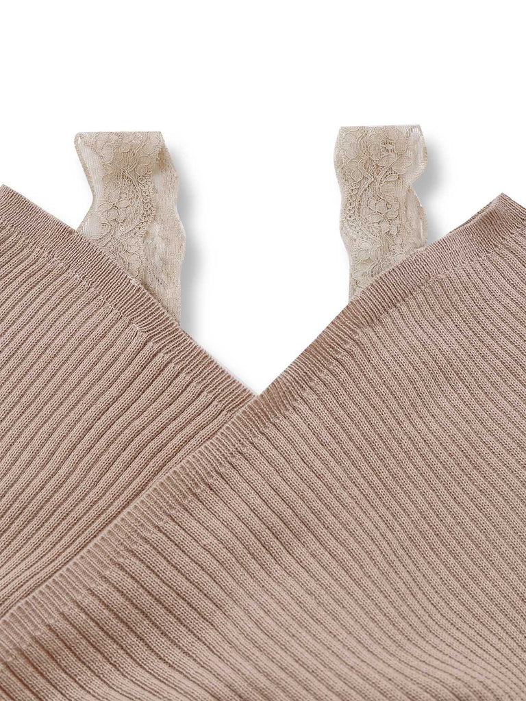 Robe Tricot Kaki Épaules Dénudées Dentelle Fente Années 1960