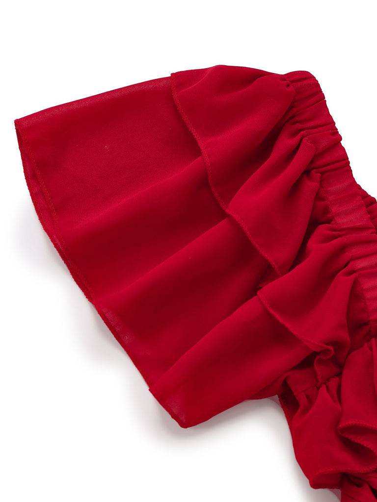 Robe longue à volants et épaules dénudées années 1950