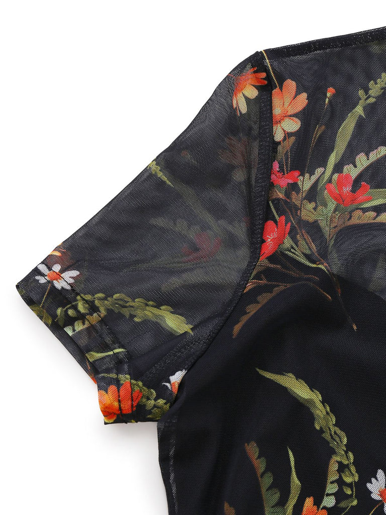 Robe midi noire à volants en résille florale années 1930