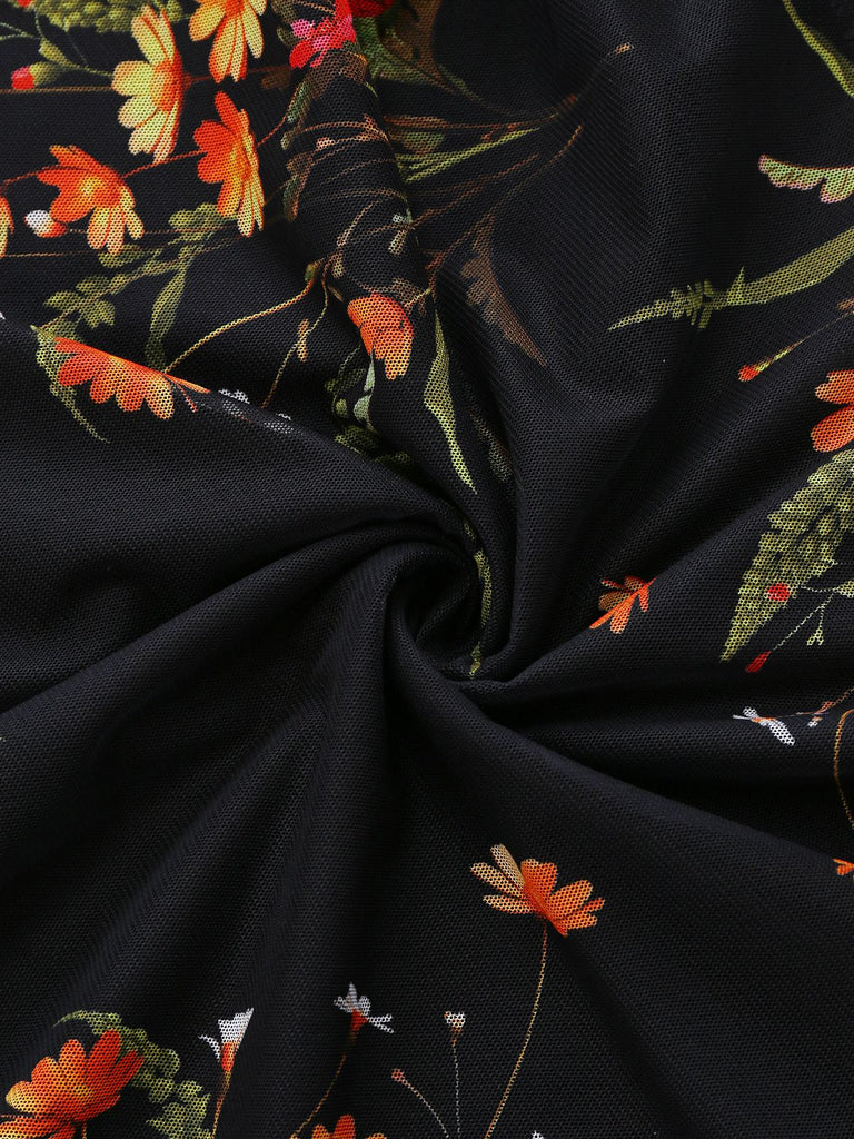 Robe midi noire à volants en résille florale années 1930