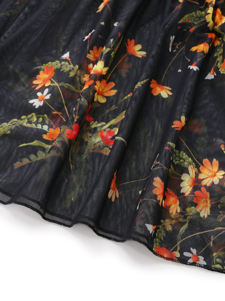 Robe midi noire à volants en résille florale années 1930