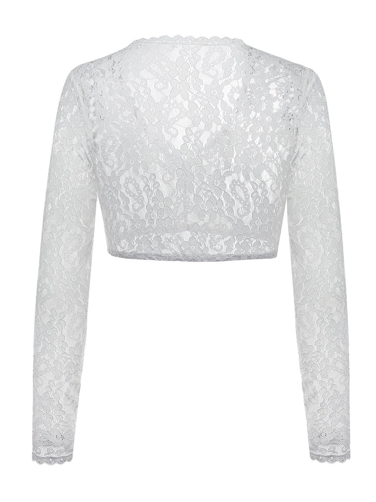 Haut Court Blanc Floral Dentelle Manches Longues Années 1950 2