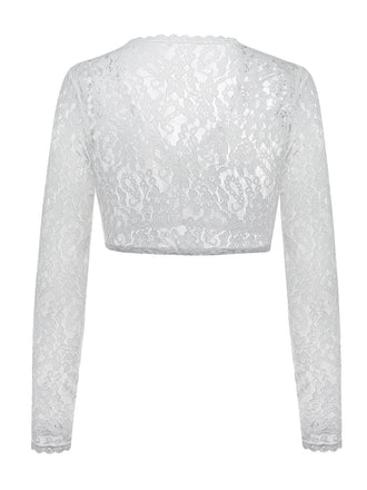 Haut Court Blanc Floral Dentelle Manches Longues Années 1950 2