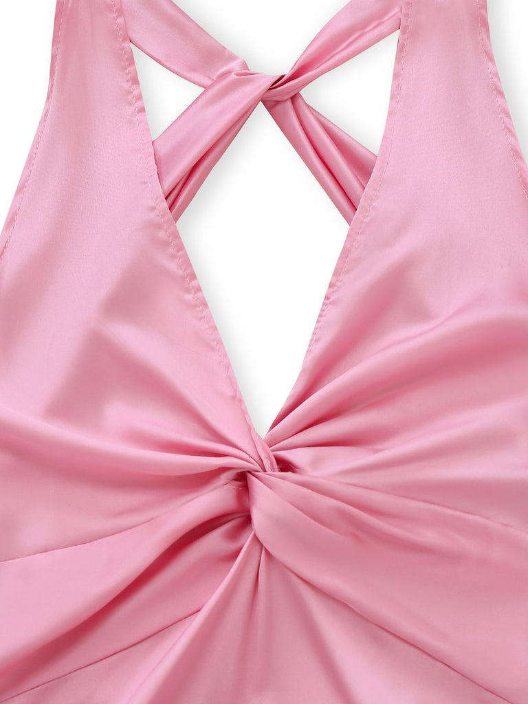 Robe Midi Satin Col V Torsadé Rose Année 1930