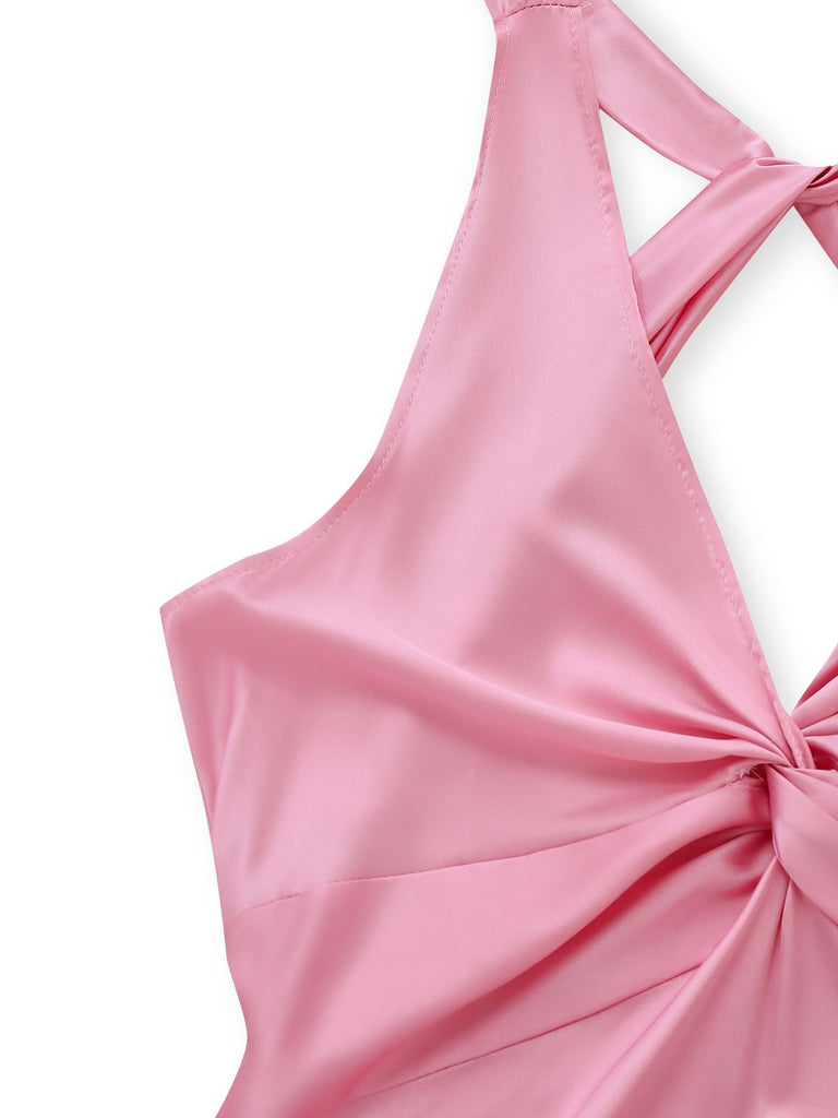 Robe Midi Satin Col V Torsadé Rose Année 1930