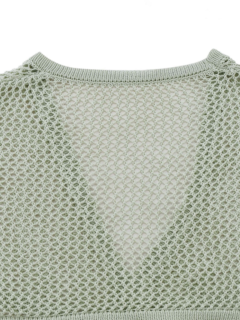 2PCS Ensemble de paréo de plage vert à manches longues en crochet années 1960