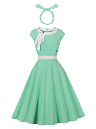 Mancherons Nœud Évasée Robe Vert glacé Années 1950