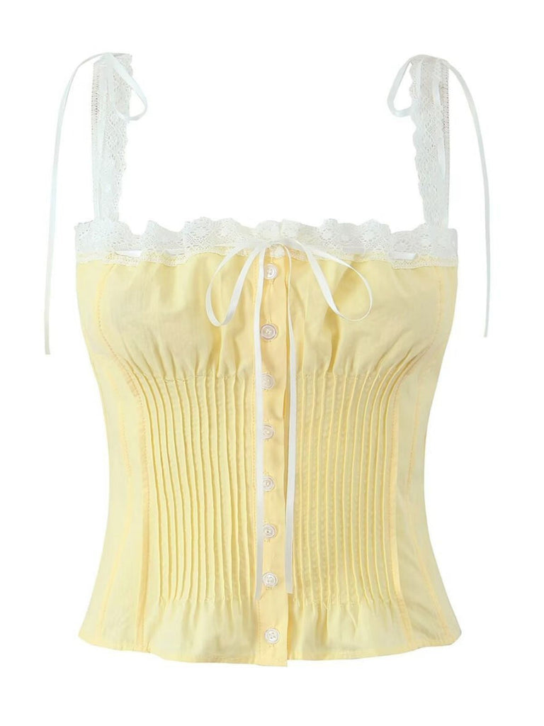 corset jaune à détails en dentelle sur fond blanc