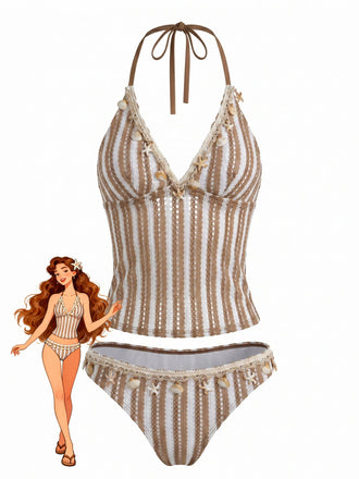 Ensemble Tankini en Crochet Rayé avec Ornements Coquillages & Étoile de Mer 3D Kaki Années 1950