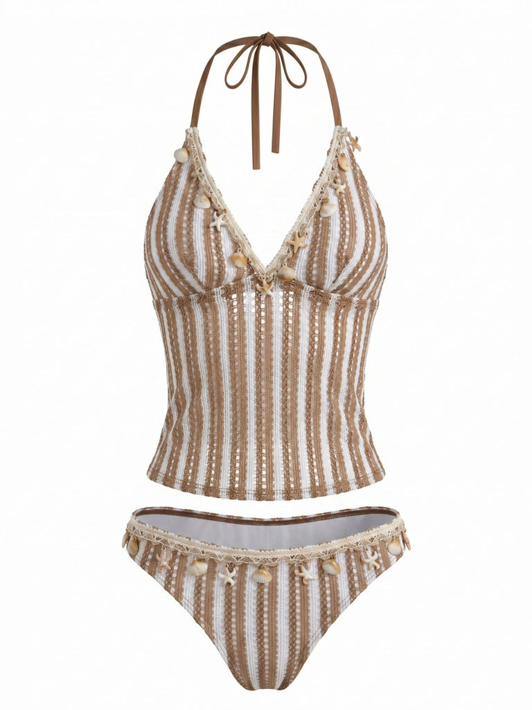 Ensemble Tankini en Crochet Rayé avec Ornements Coquillages & Étoile de Mer 3D Kaki Années 1950 2