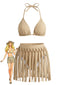 Ensemble bikini dos nu kaki patchwork franges années 70